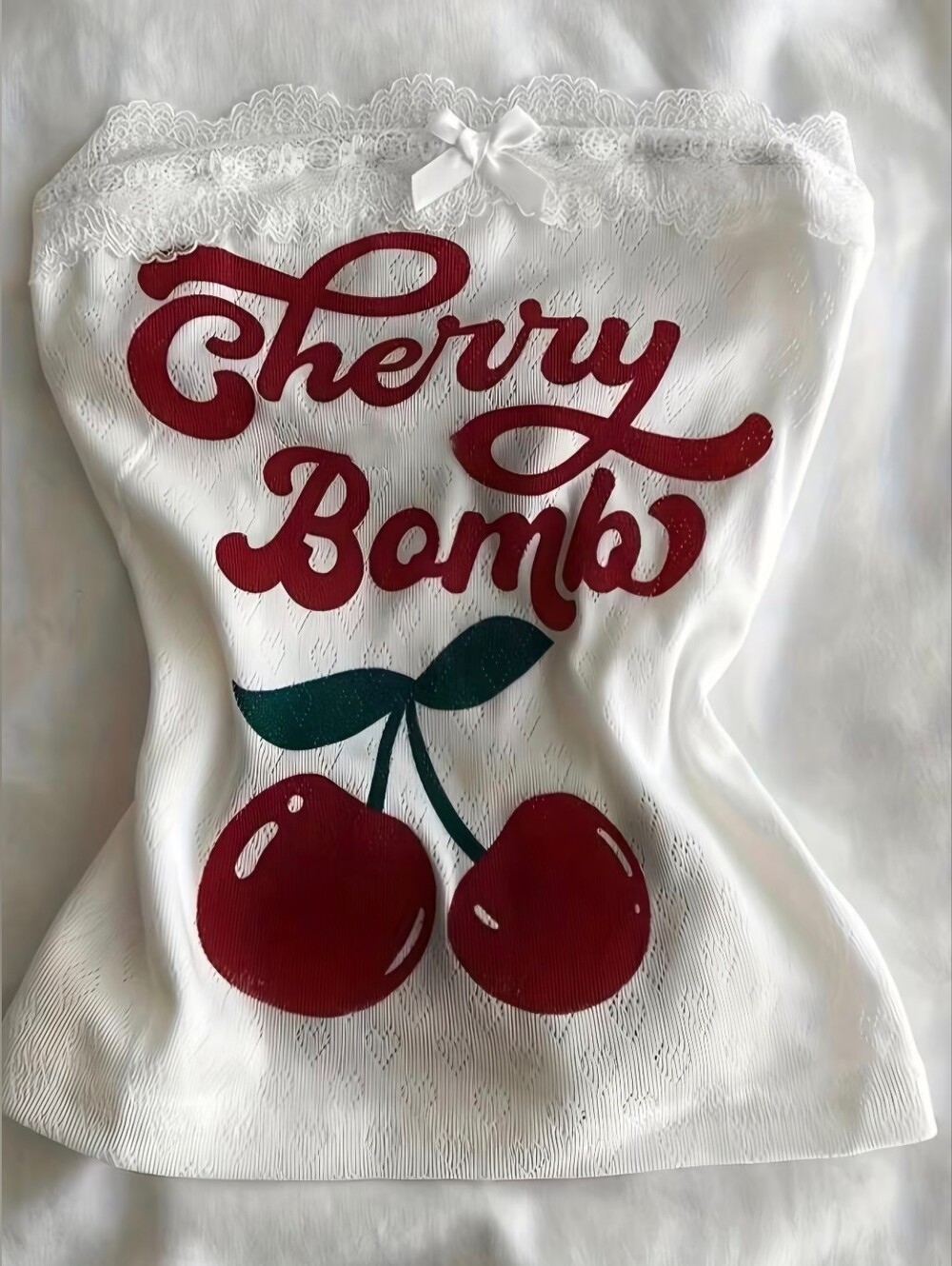 Textured Fabric Letter Cherry Print Lace Patchwork Strapless Top Camisole